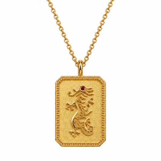 Gold-Plated Mahjong Dragon Charm Necklace With Ruby Gemstone