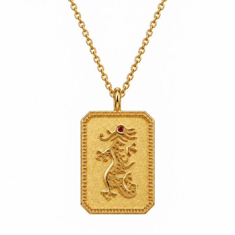 Gold-Plated Mahjong Dragon Charm Necklace With Ruby Gemstone