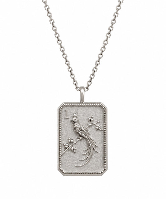 Sterling Silver Mahjong 1 Bam Bird Charm Necklace