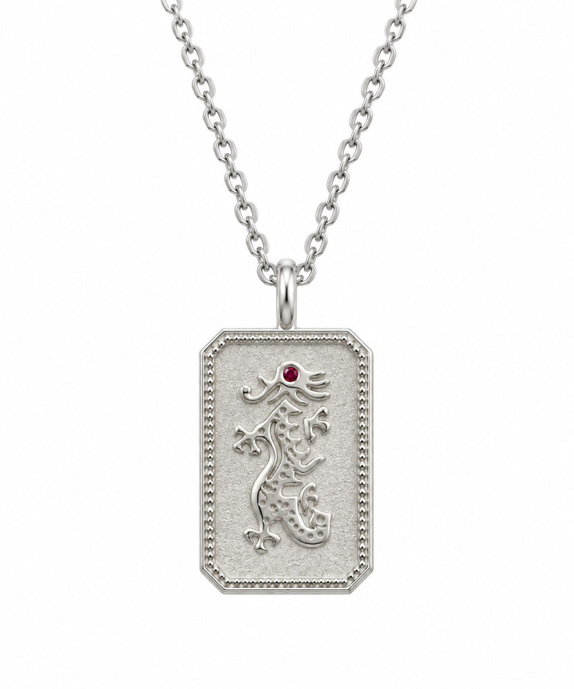 Sterling Silver Mahjong Dragon Charm Necklace With Ruby Gemstone