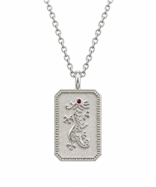 Sterling Silver Mahjong Dragon Charm Necklace With Ruby Gemstone