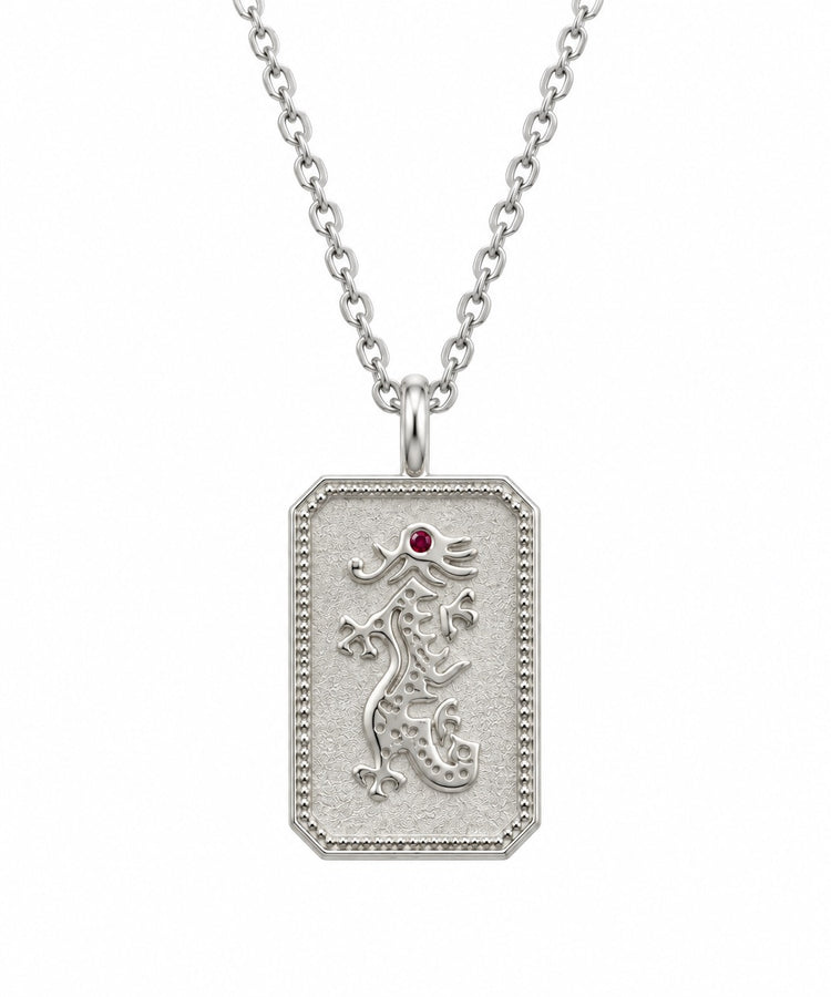 Sterling Silver Mahjong Dragon Charm Necklace With Ruby Gemstone
