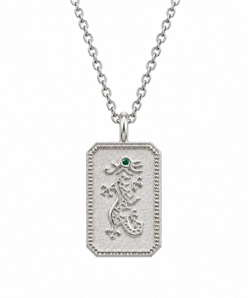 Sterling Silver Mahjong Dragon Necklace with Emerald Gemstone