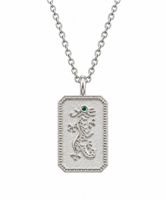Sterling Silver Mahjong Dragon Necklace with Emerald Gemstone