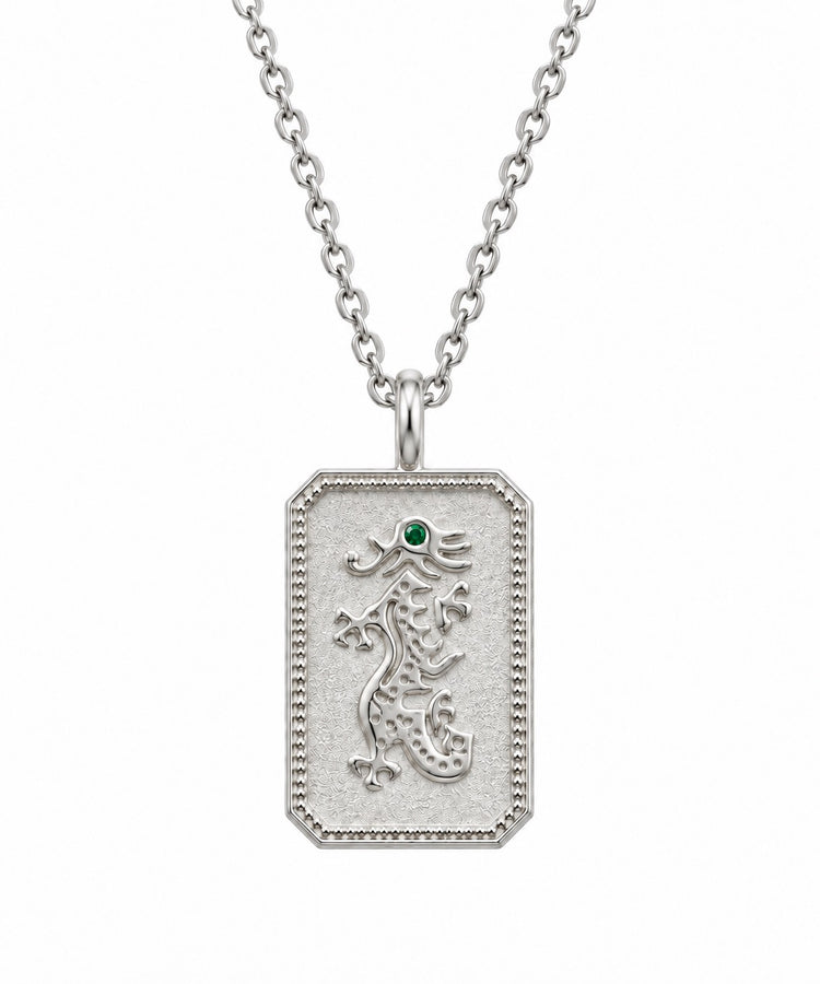 Sterling Silver Mahjong Dragon Necklace with Emerald Gemstone
