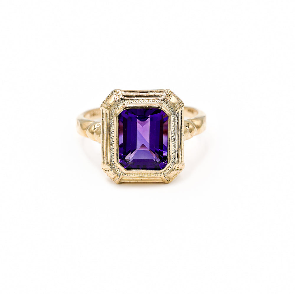10k Vintage Rose Gold Synthetic Amethyst Fancy Bezel Ring