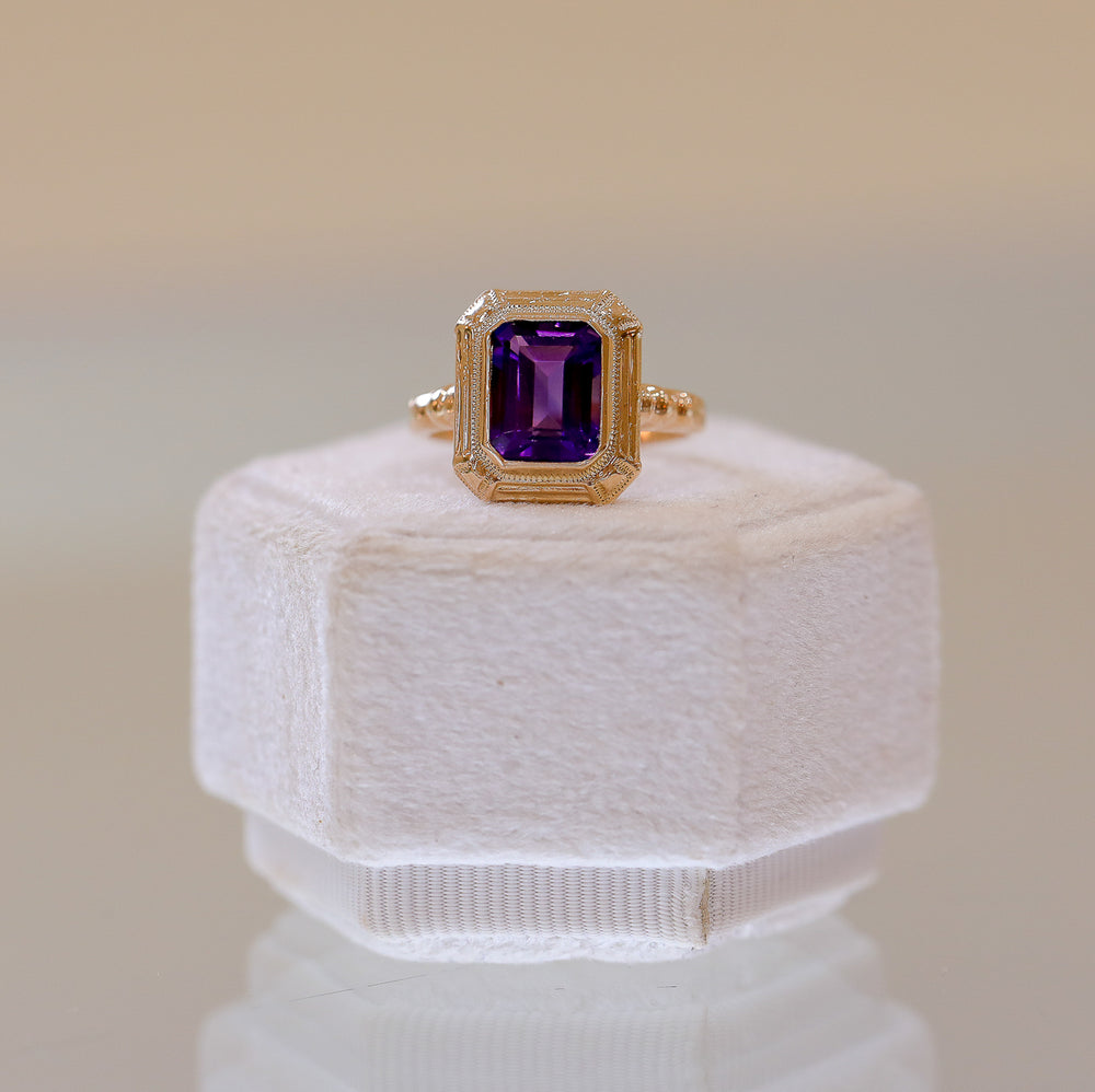 10k Vintage Rose Gold Synthetic Amethyst Fancy Bezel Ring