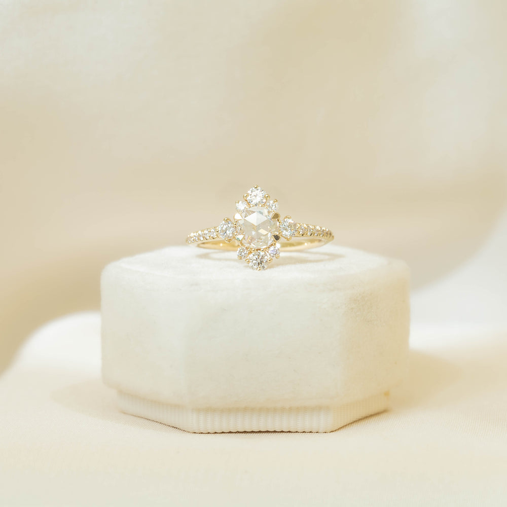 14ky .47ct Rose-Cut Diamond Fleur De Lis Halo Ring