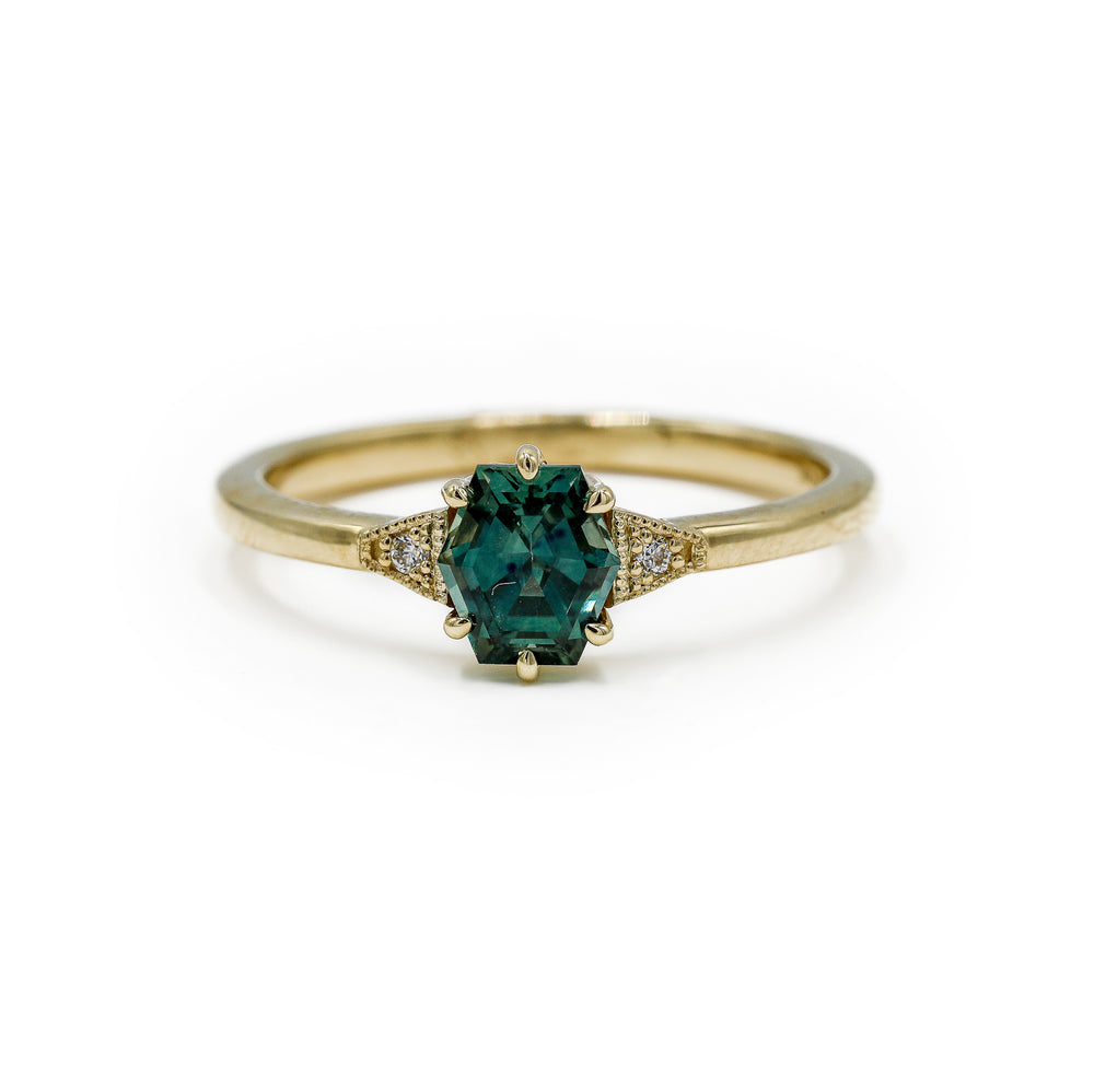 14ky 0.90ct Geometric Teal Montana Sapphire .03ctw Niko Ring