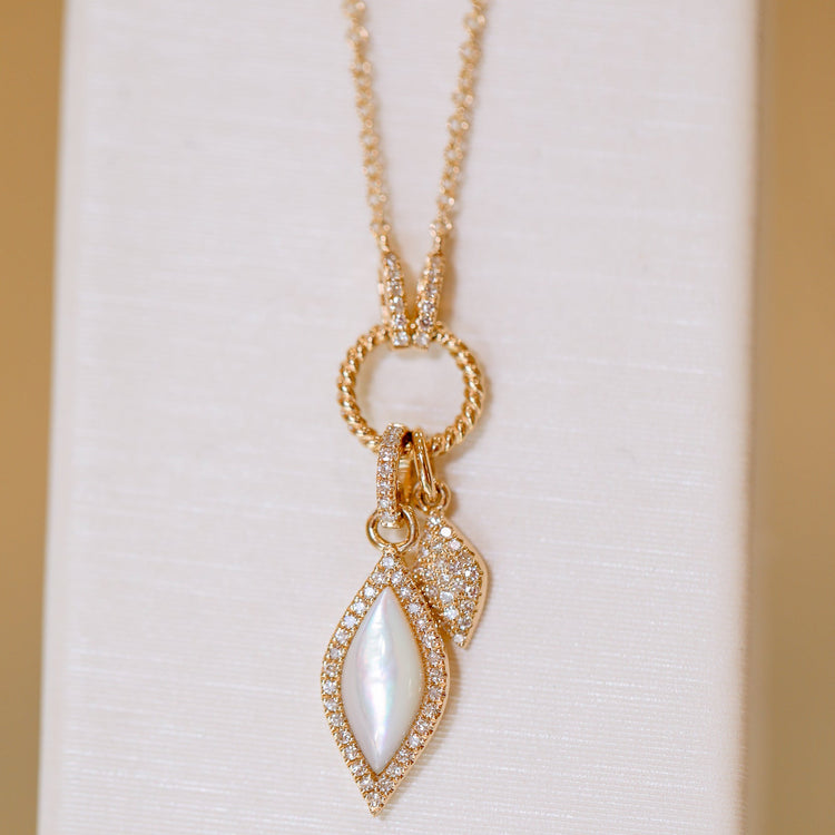14ky .81ct Double Marquise Dangle Mother of Pearl Pave Necklace