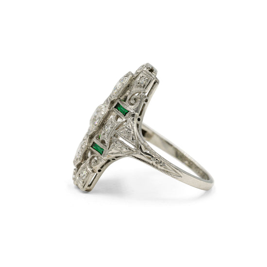 Platinum Vintage .65ct Diamond & Emerald Shield Ring