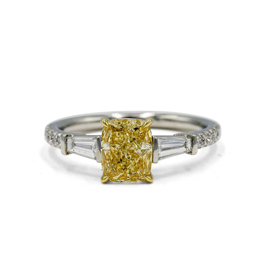 Platinum 1.53 Lab Cushion Fancy Yellow & Baguette Diamond Ring
