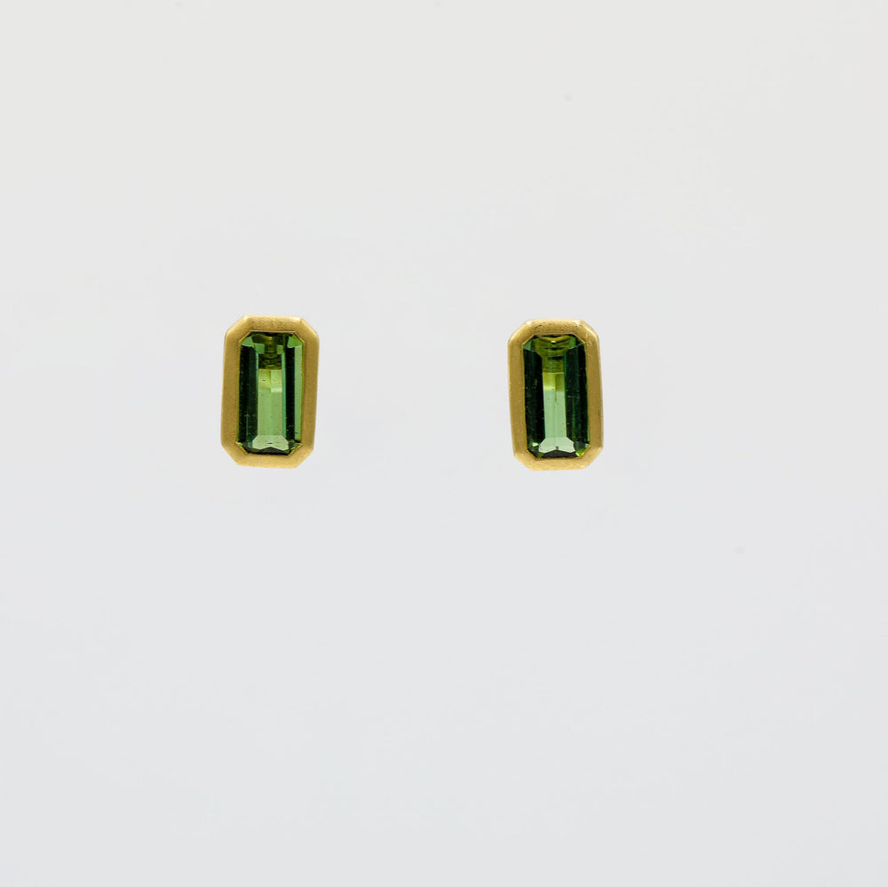 18ky .96ctw Green Tourmaline Emerald Cut Bezel Earrings