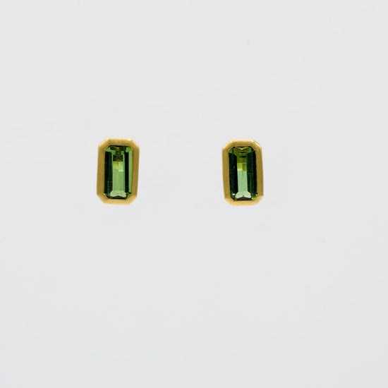 18ky .96ctw Green Tourmaline Emerald Cut Bezel Earrings