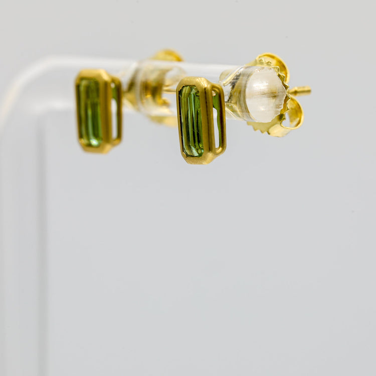 18ky .96ctw Green Tourmaline Emerald Cut Bezel Earrings