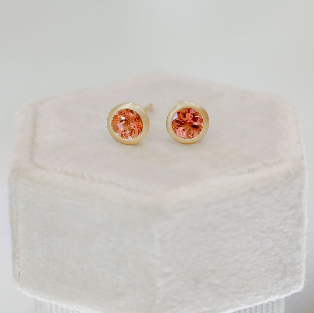 18ky .94ctw Pink Tourmaline Round Bezel Earrings