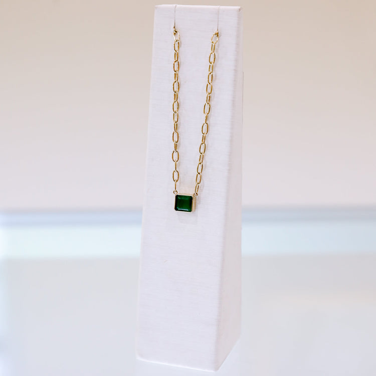 14ky 1.73ct Emerald Bezel Necklace with Handmade Chain
