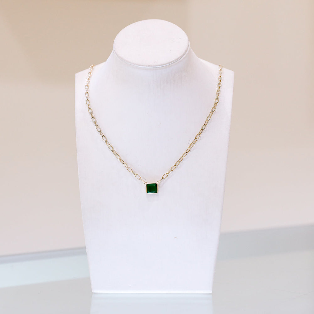 14ky 1.73ct Emerald Bezel Necklace with Handmade Chain