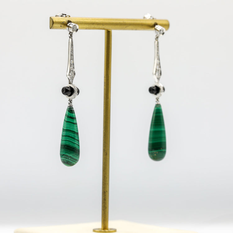 Vintage Platinum .20ctw Art Deco Malachite and Onyx Earrings