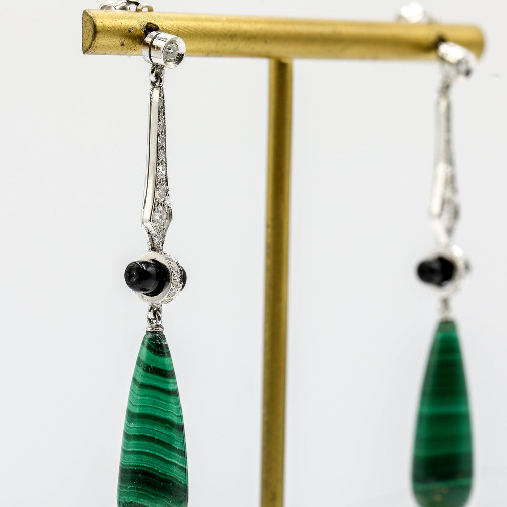 Vintage Platinum .20ctw Art Deco Malachite and Onyx Earrings