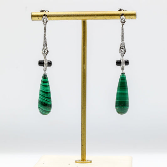 Vintage Platinum .20ctw Art Deco Malachite and Onyx Earrings