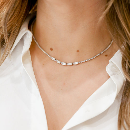 14kw 2.67ctw Emerald-Cut & Round Lab Grown Diamond Tennis Necklace