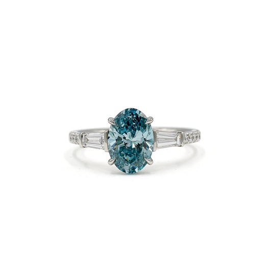 Platinum 2.02ct Oval Lab Fancy Vivid Blue & Baguette Diamond Ring