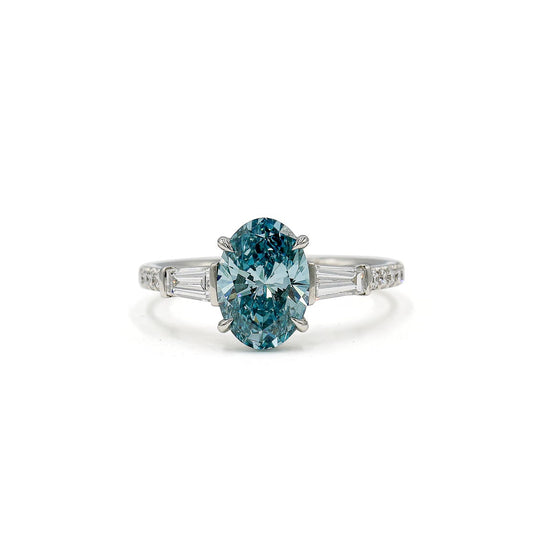 Platinum 2.02ct Oval Lab Fancy Vivid Blue & Baguette Diamond Ring