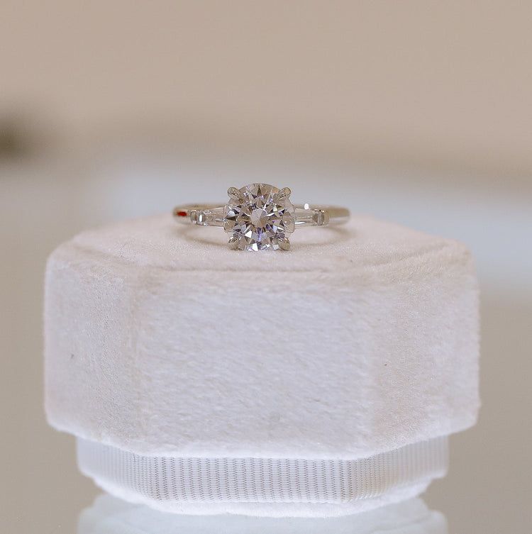14kw Lab Round and Tapered Baguette Diamond Ring