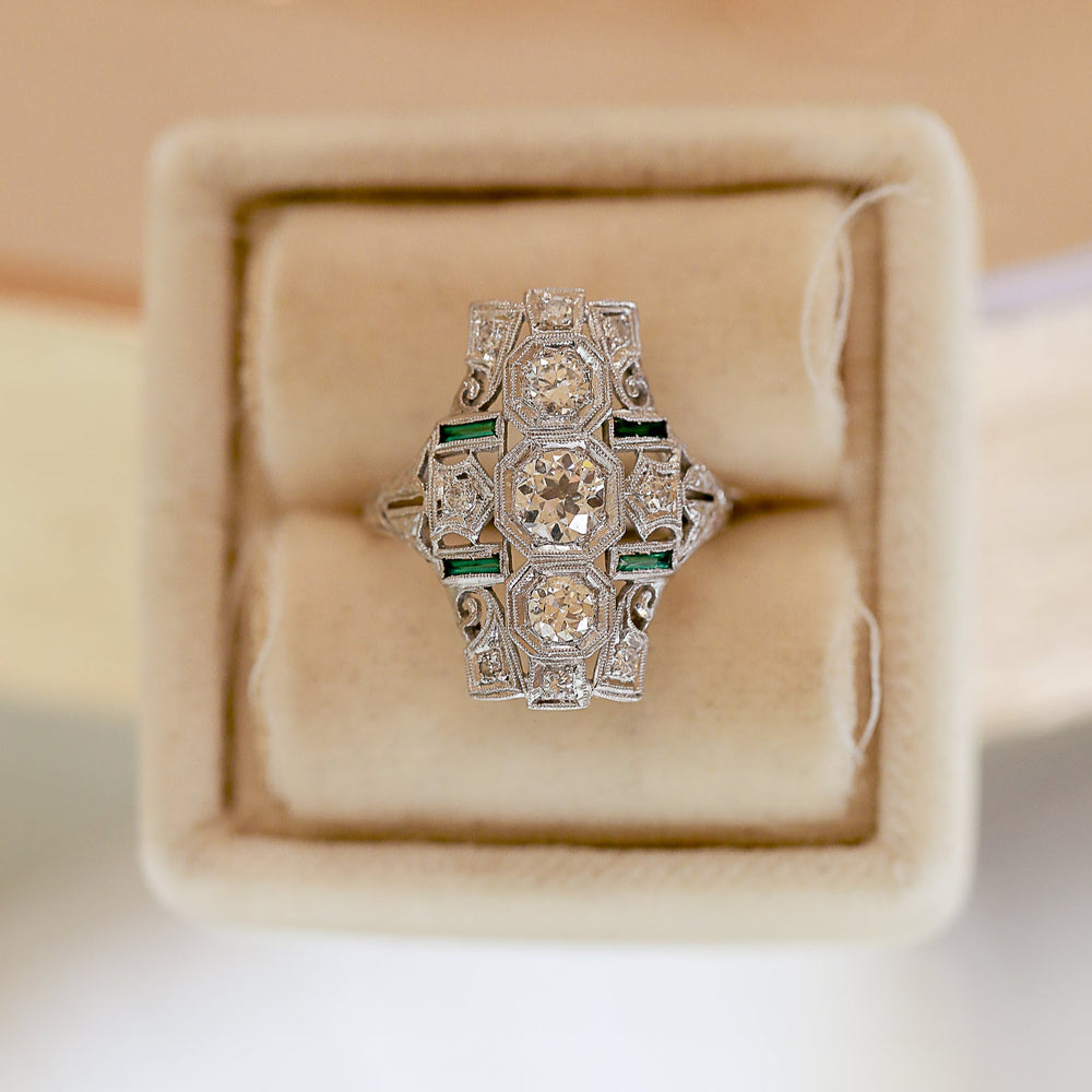 Platinum Vintage .65ct Diamond & Emerald Shield Ring
