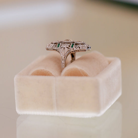 Platinum Vintage .65ct Diamond & Emerald Shield Ring