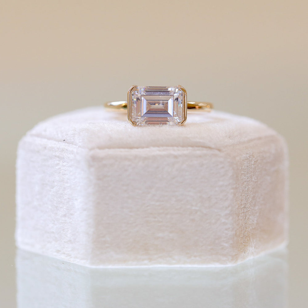 14ky Emerald-Cut East-West Half-Bezel Solitaire Ring