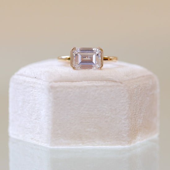 14ky Emerald-Cut East-West Half-Bezel Solitaire Ring