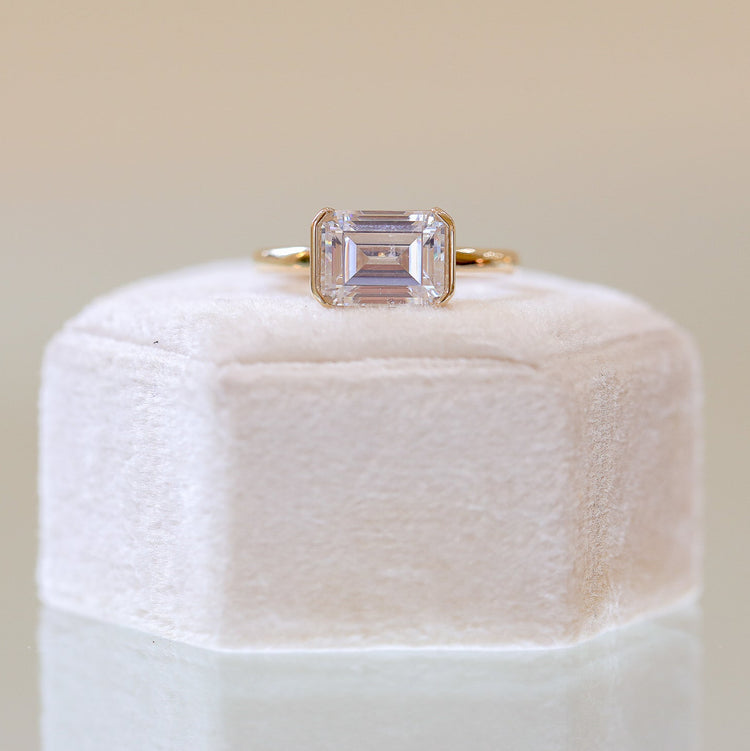 14ky Emerald-Cut East-West Half-Bezel Solitaire Ring
