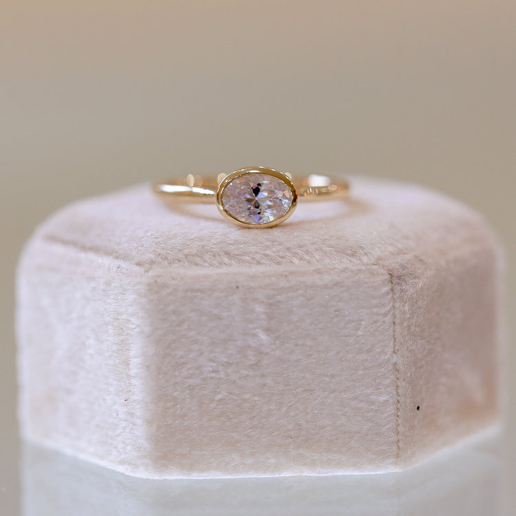 14ky Oval East- West Bezel Cathedral Diamond Ring