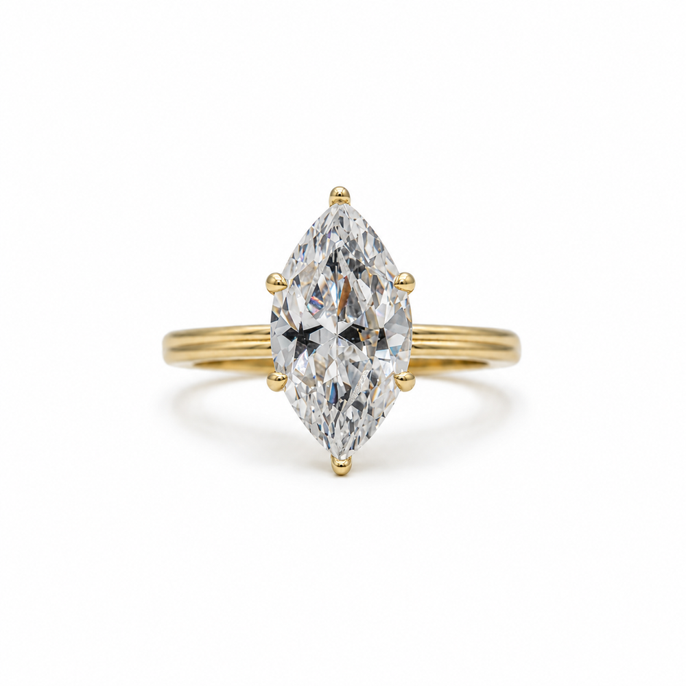 14ky Grooved Band Marquise Shaped Solitaire Ring