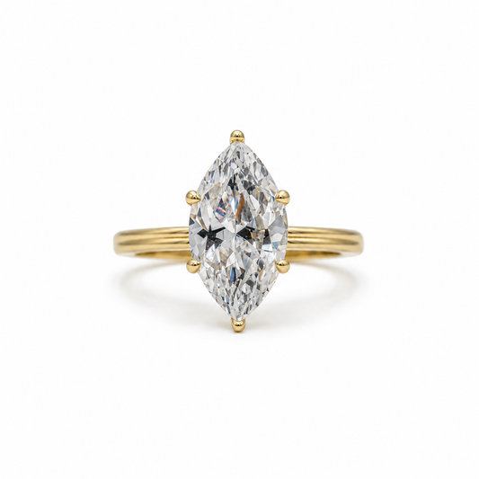 14ky Grooved Band Marquise Shaped Solitaire Ring