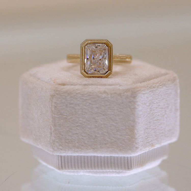 14ky Radiant Bezel Cathedral with Double Milgrain Shank