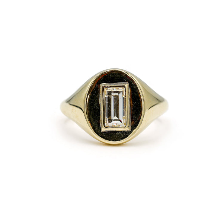 14ky .73ct SI1 I Natural Baguette Diamond Bezel Set Signet Ring