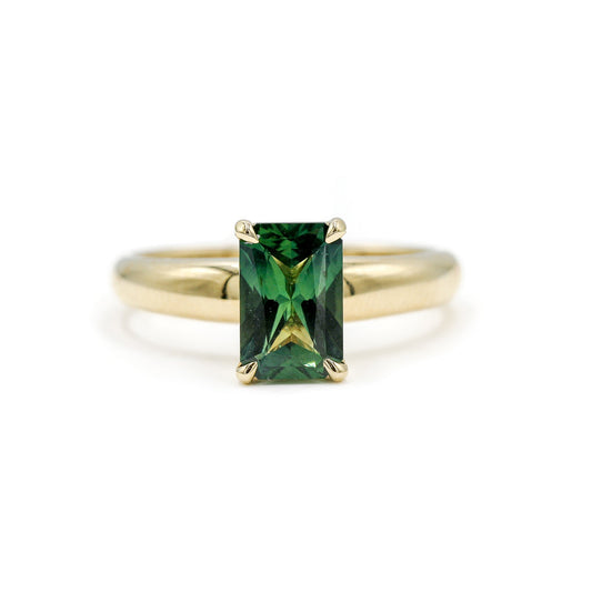 14ky 1.53ct RC Teal Sapphire 3.5mm Tapered Solitaire Ring