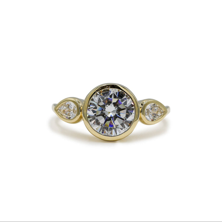 14ky Three Stone Bezel Round & .41ctw Pear-Shaped Lab Diamond Ring