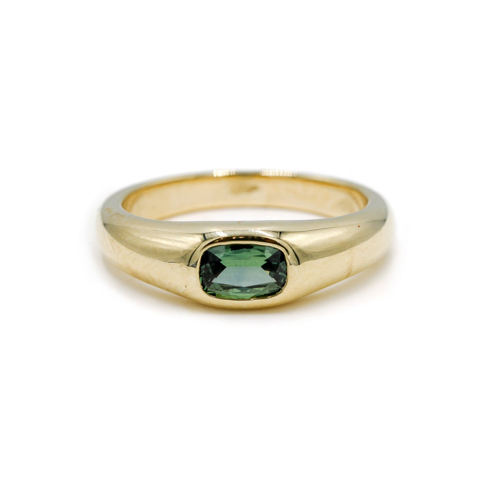 14ky .54ct Elongated Cushion East-West Teal Sapphire Bubble Signet