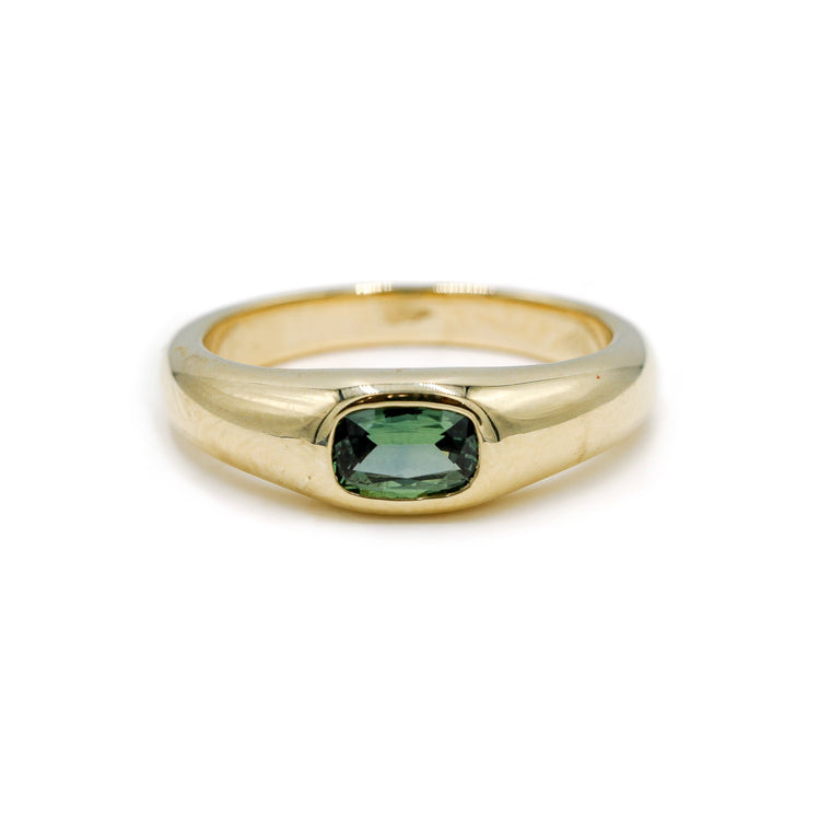 14ky .54ct Elongated Cushion East-West Teal Sapphire Bubble Signet