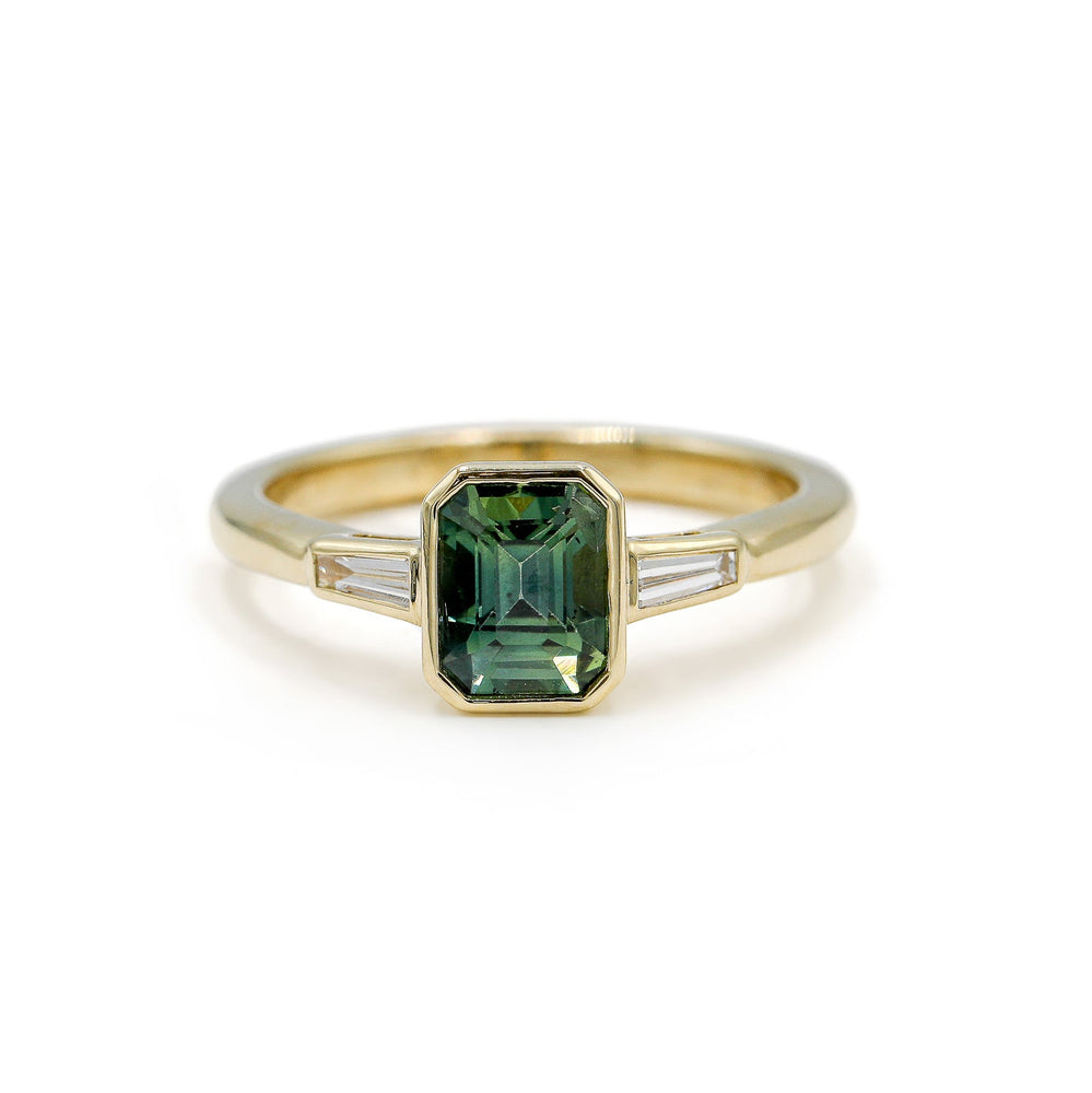 14ky 1.22ct Teal Sapphire with Natural Baguette Three-Stone Diamond Ring