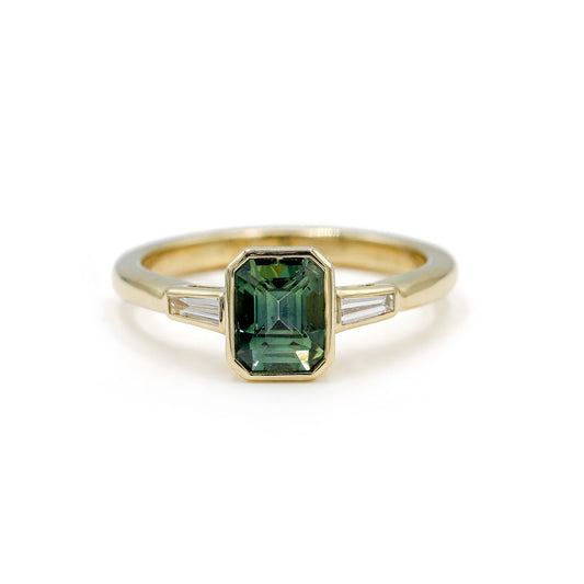 14ky 1.22ct Teal Sapphire with Natural Baguette Three-Stone Diamond Ring