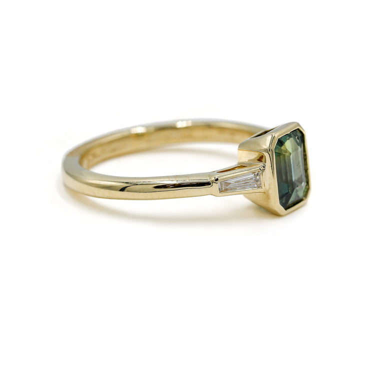 14ky 1.22ct Teal Sapphire with Natural Baguette Three-Stone Diamond Ring