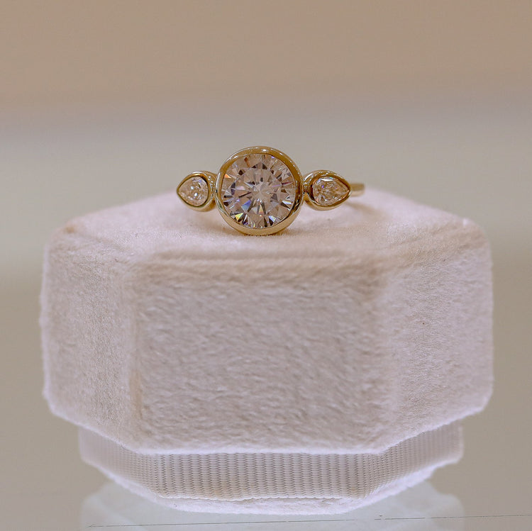 14ky Three Stone Bezel Round & .41ctw Pear-Shaped Lab Diamond Ring