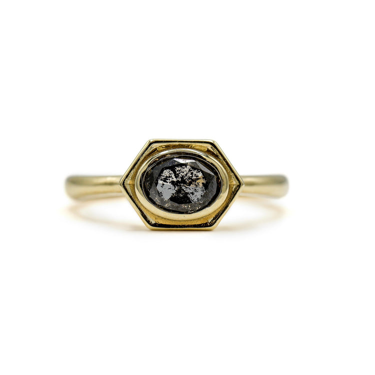 14ky .80ct Oval Salt & Pepper Bezel East-West Hexagon Shape Diamond Ring