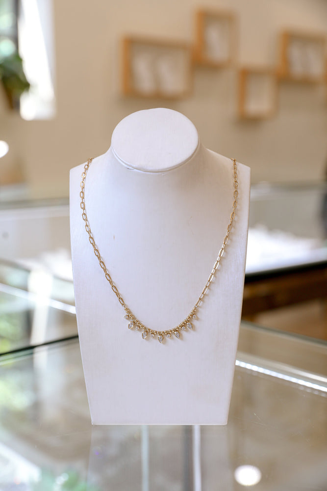 18ky .51ctw Pear and Round Diamond Drop Beaded Oval Link Necklace