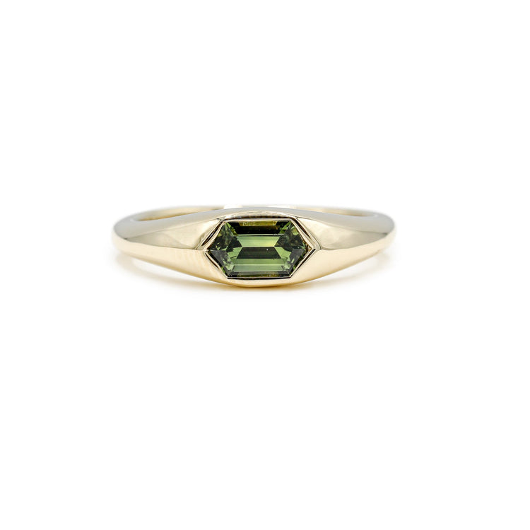 14ky .70ct Elongate Hex Teal Sapphire Ring